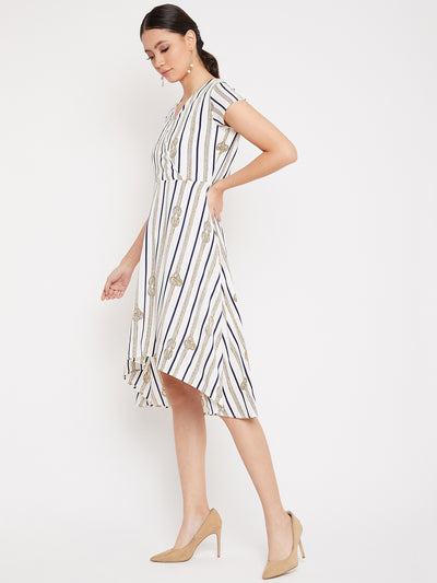 White Striped V-Neck Dress - Women Dresses