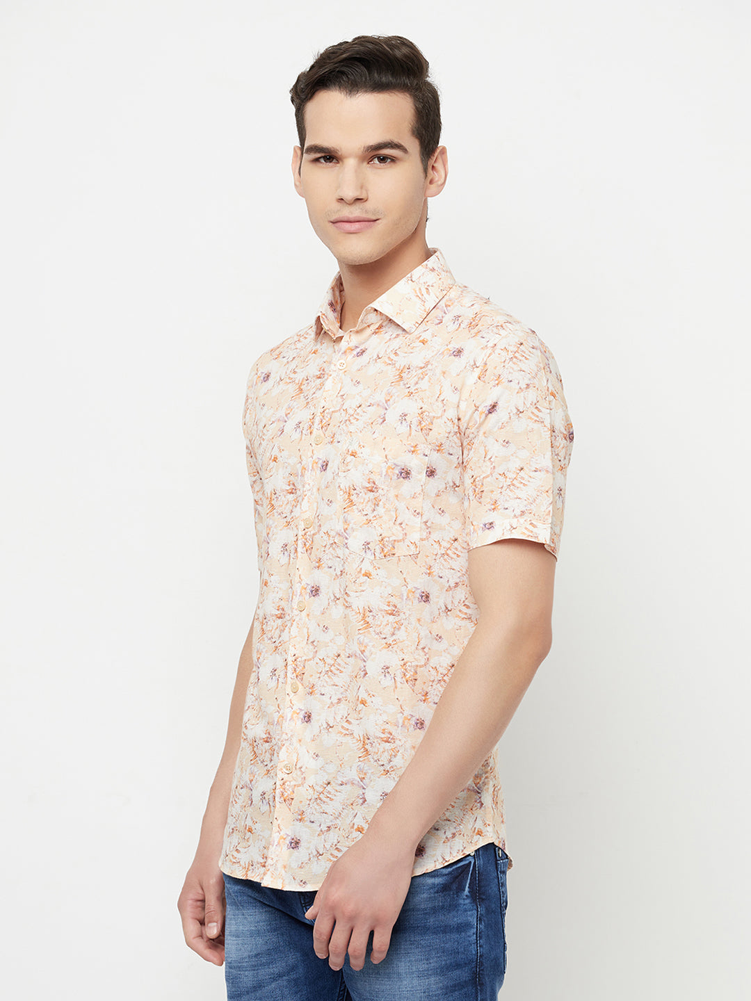 Orange Floral Printed Linen Shirt - Men Shirts