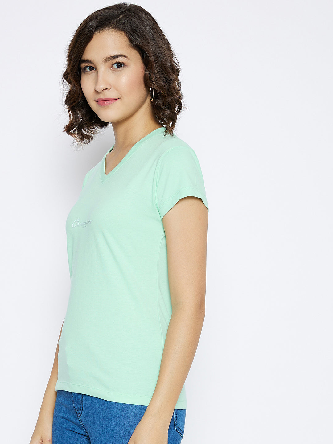 Green Printed V-Neck T-shirt - Women T-Shirts