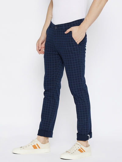 Blue Checked Slim Fit Trousers - Men Trousers