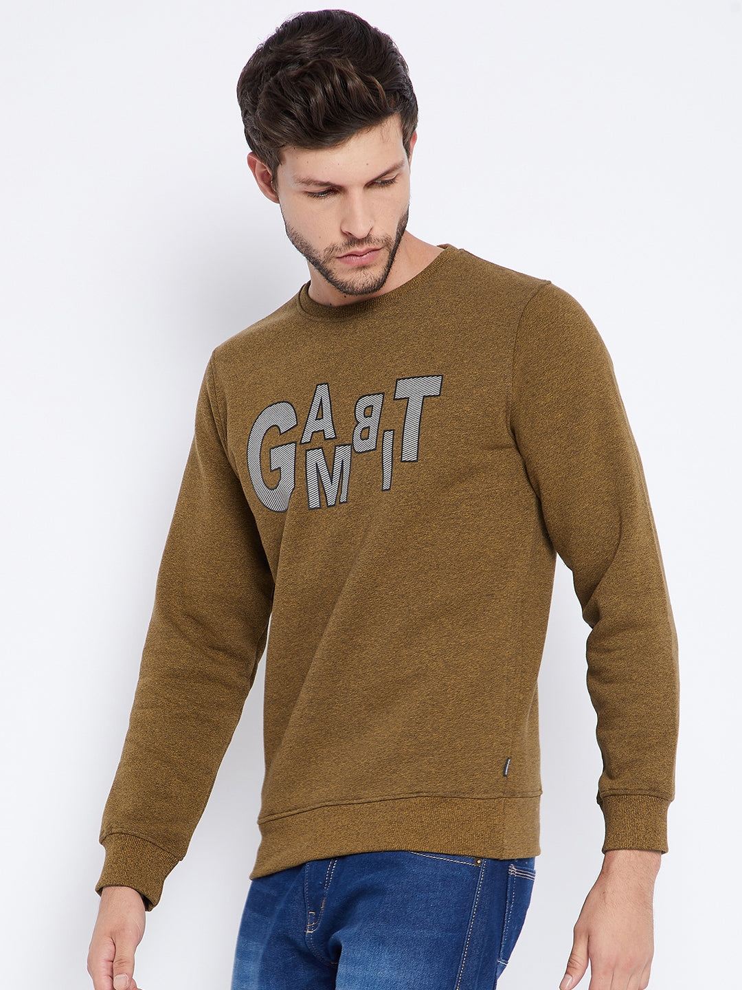 Mustard Printed Round Neck Sweatshirt - Men Sweatshirts