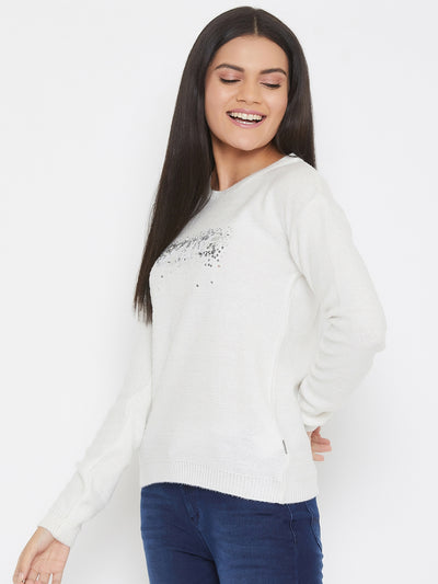 White Self Design Round Neck Sweater - Women Sweaters