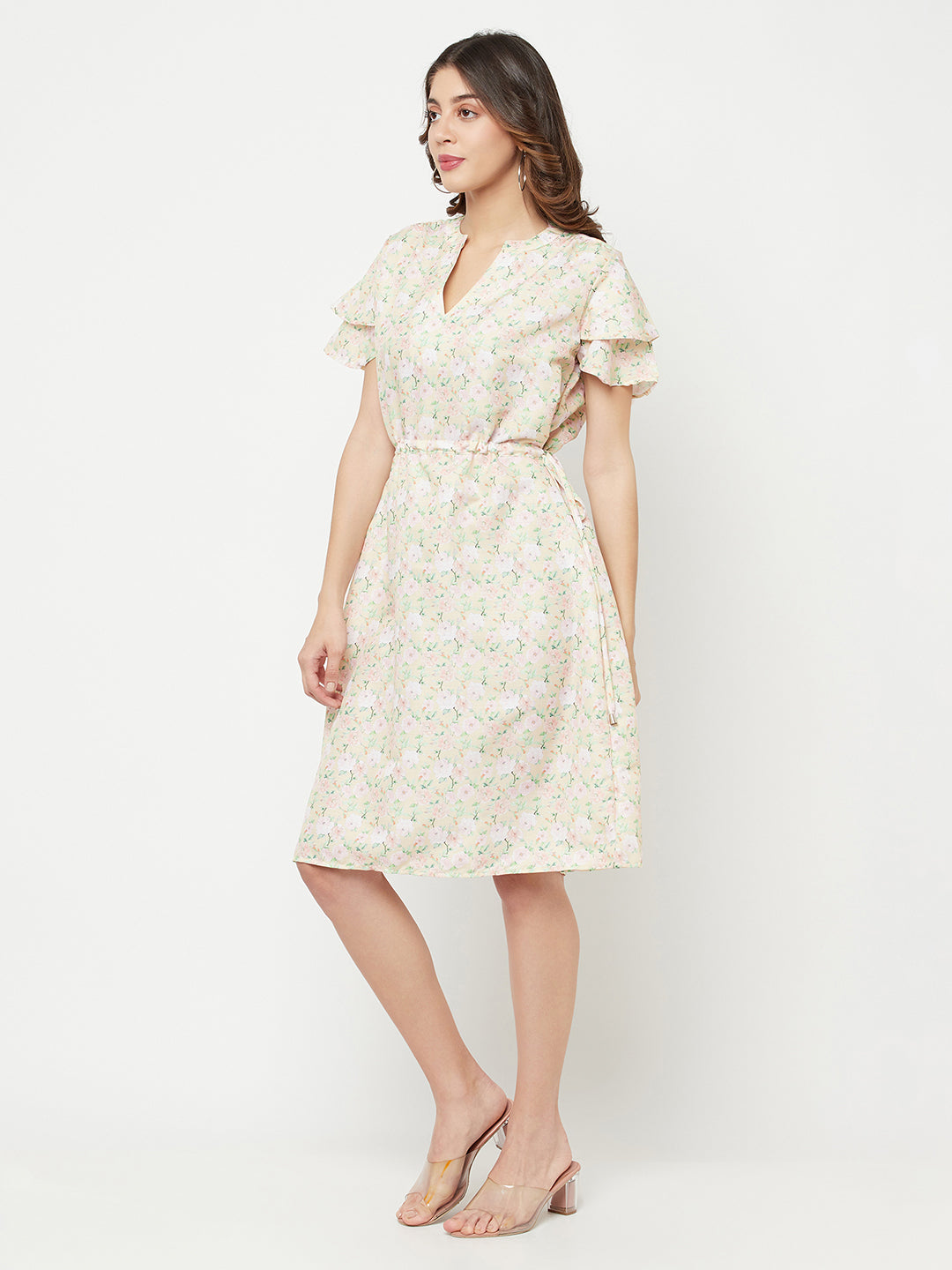 Beige Floral Printed V-Neck Dress - Women Dresses