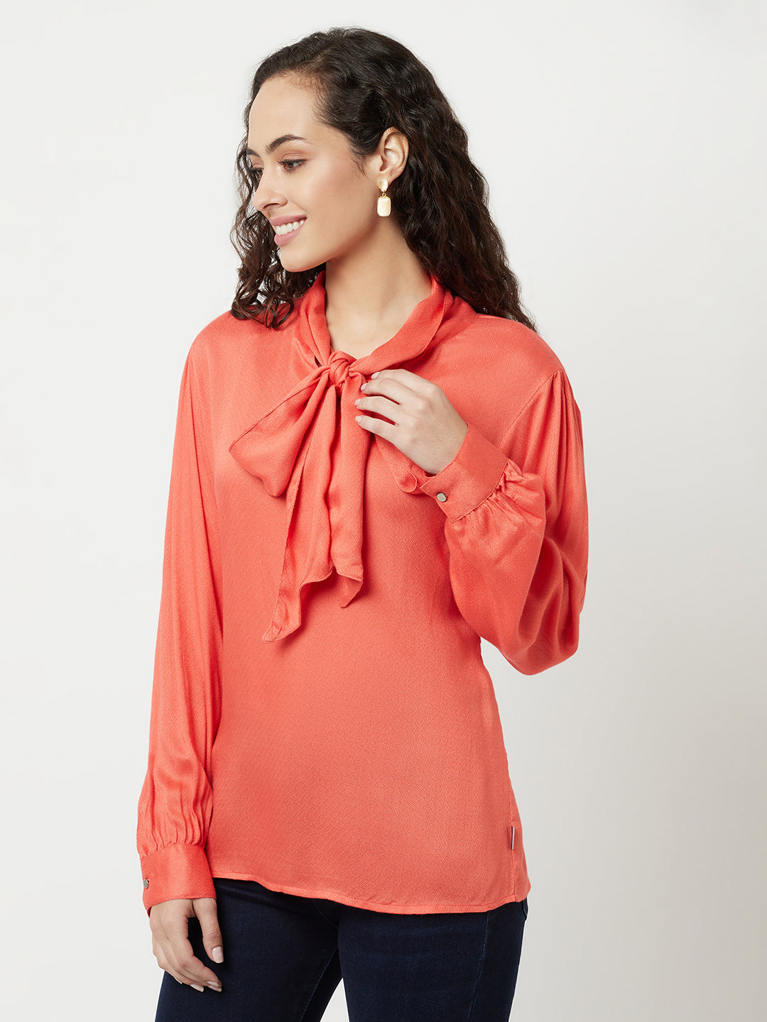 Coral Red Tie-Up Detail Top-Women Tops-Crimsoune Club
