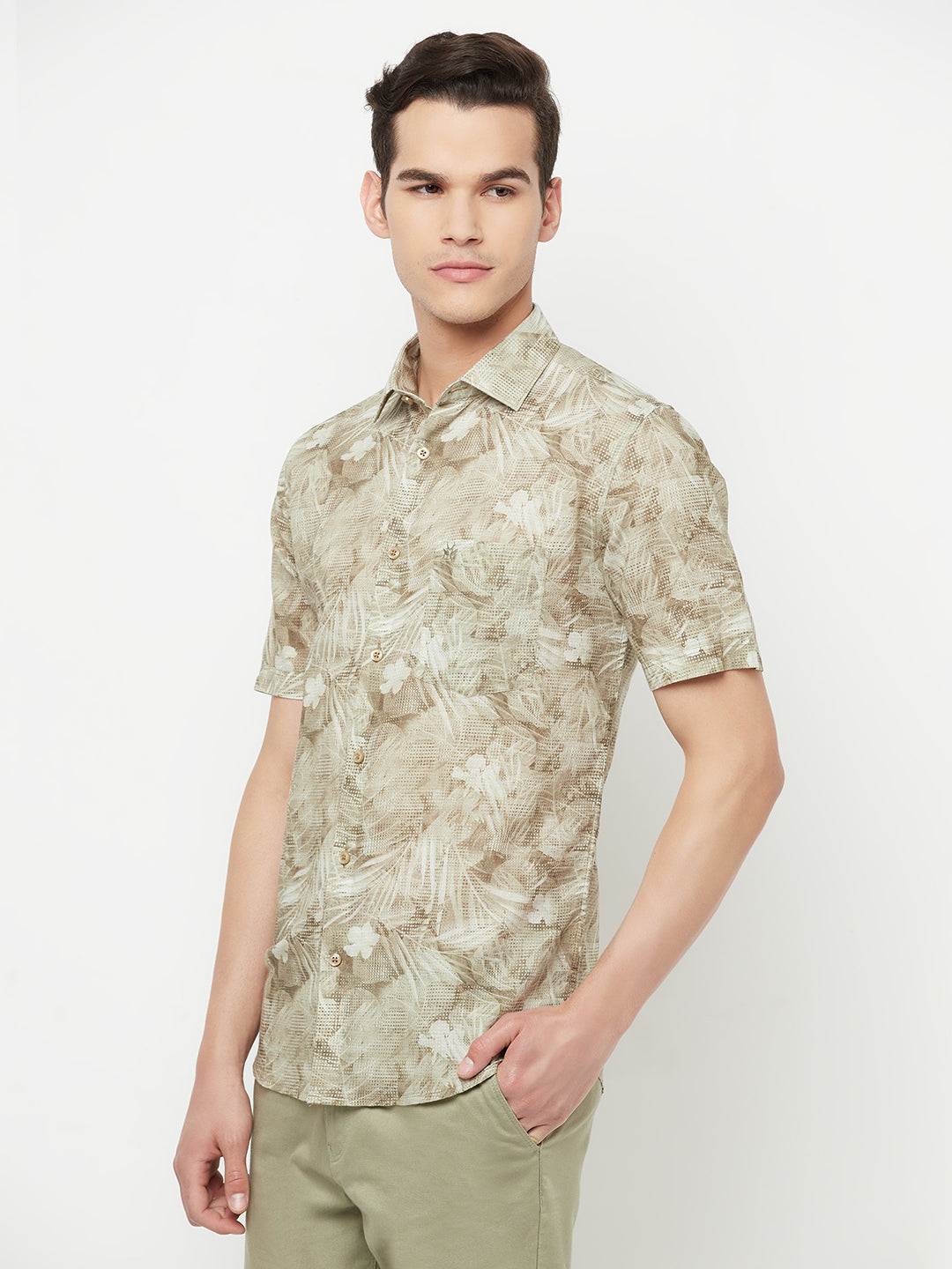 Olive Floral Printed Linen Shirt - Men Shirts