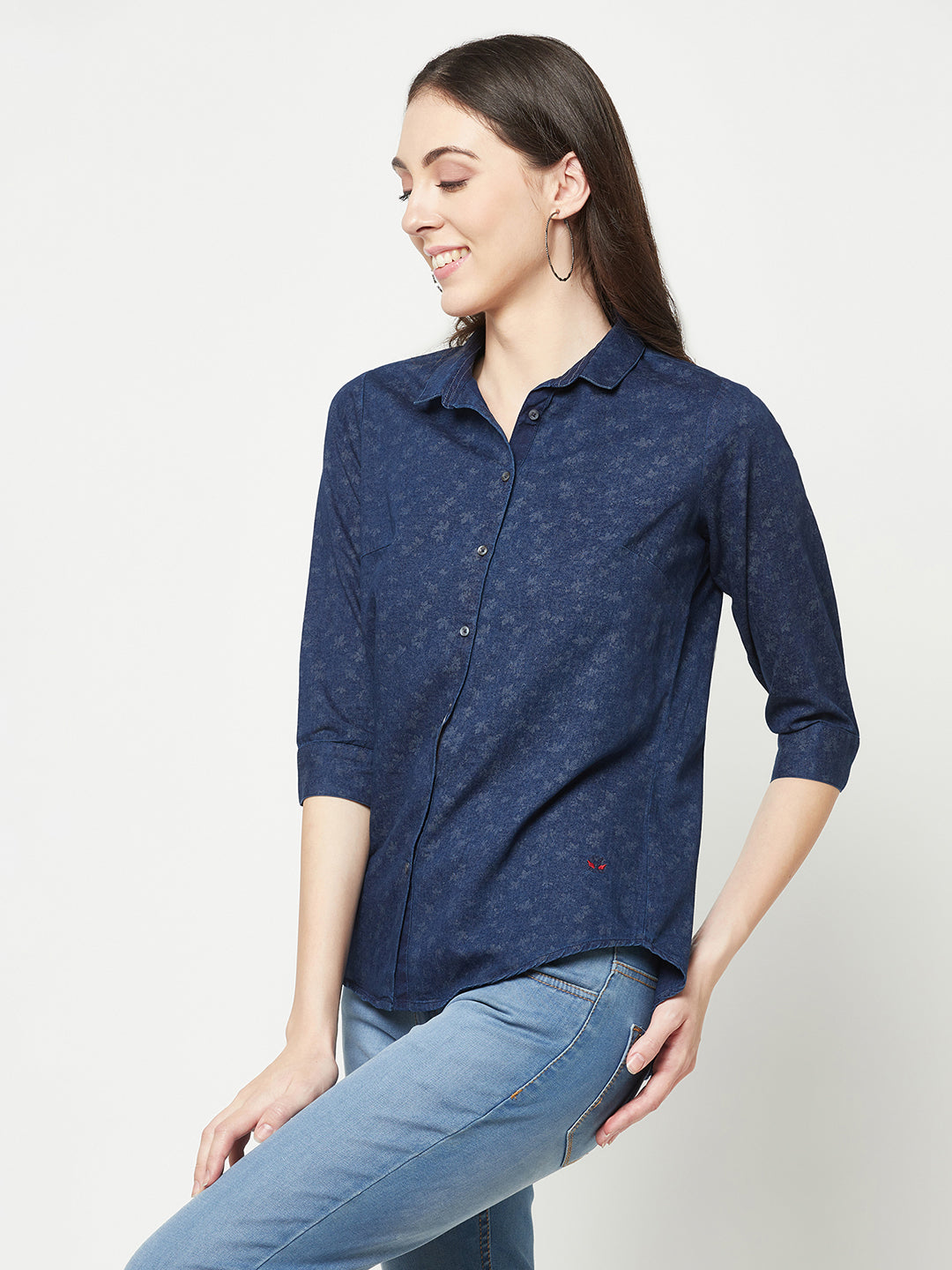  Navy Blue Floral Denim Shirt