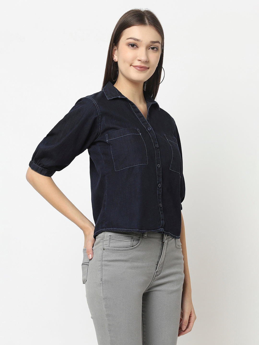 Navy Blue Denim Crop Top with Patch Pocket Detail