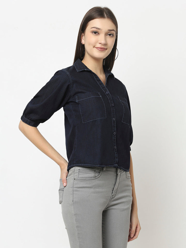 Navy Blue Denim Crop Top with Patch Pocket Detail