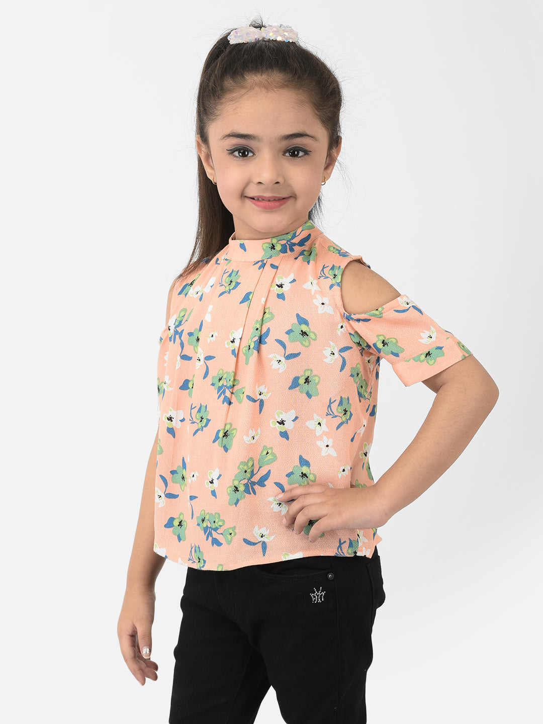 Peach Cold Shoulder Sleeves Floral Printed Top - Girls Tops
