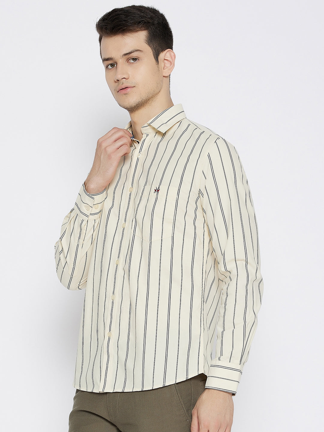 Cream Striped Slim Fit Shirt - Men Shirts