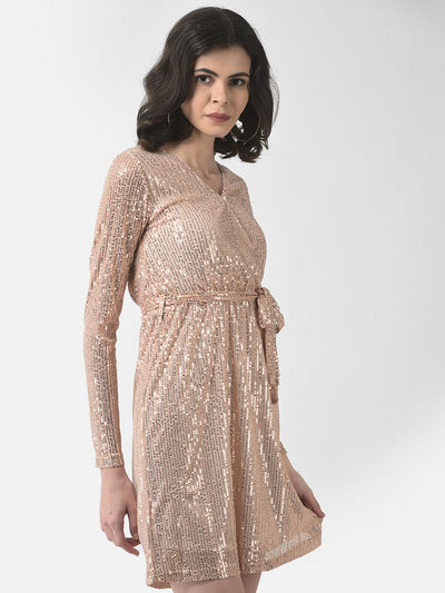 Beige Sequenced Dress-Women Dresses-Crimsoune Club