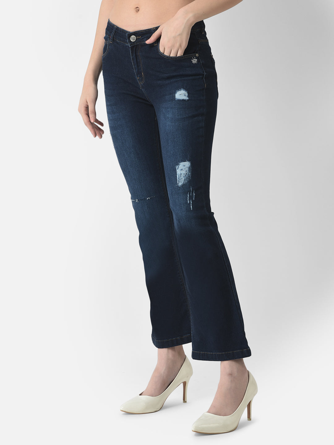  Navy Blue Distresses Boot-Cut Jeans