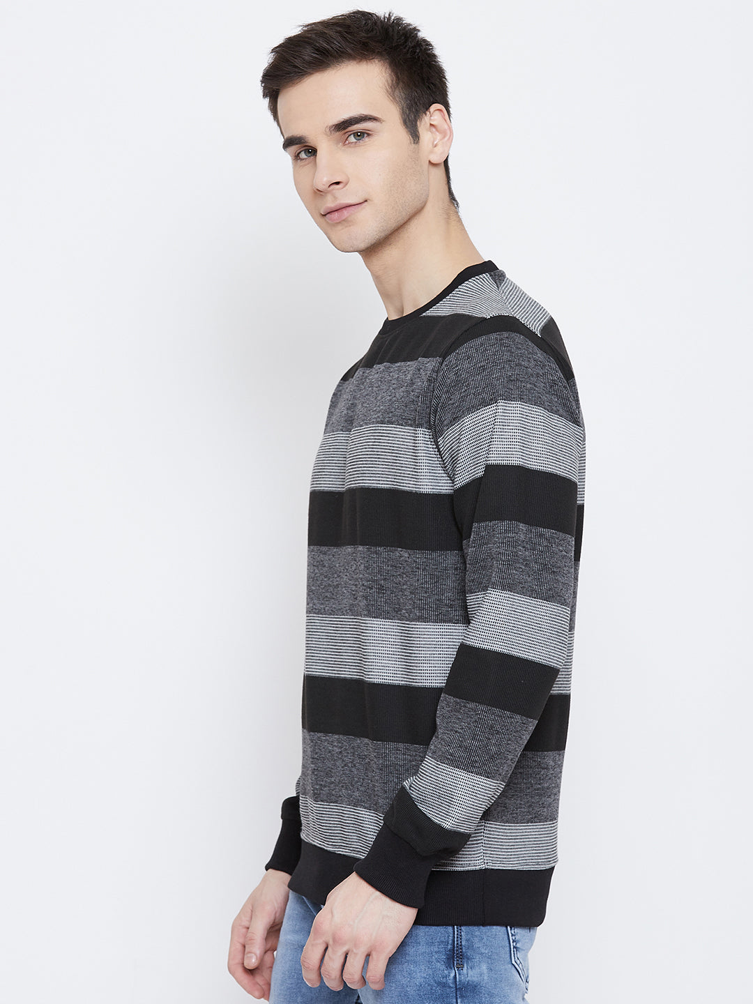 Black Striped Round Neck Sweatshirt - Men Sweatshirts