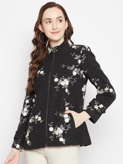 Black Embroidered Mandarin Blazer - Women Blazer