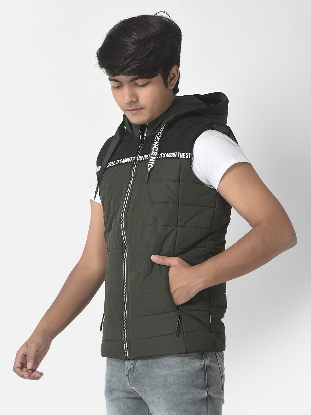  Olive Green Colour-Blocked Gilet Jacket 