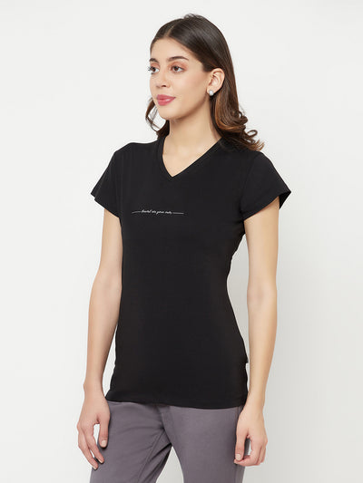 Black Printed V-Neck T-Shirt - Women T-Shirts