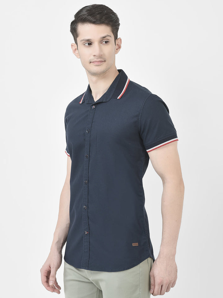  Striped Collar Navy Blue Shirt