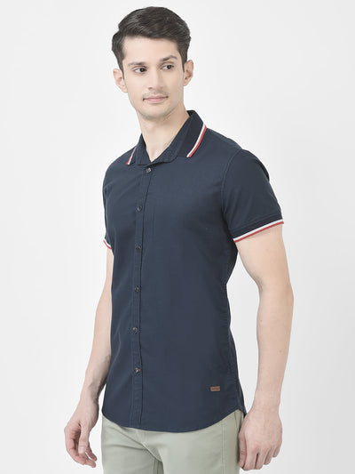  Striped Collar Navy Blue Shirt