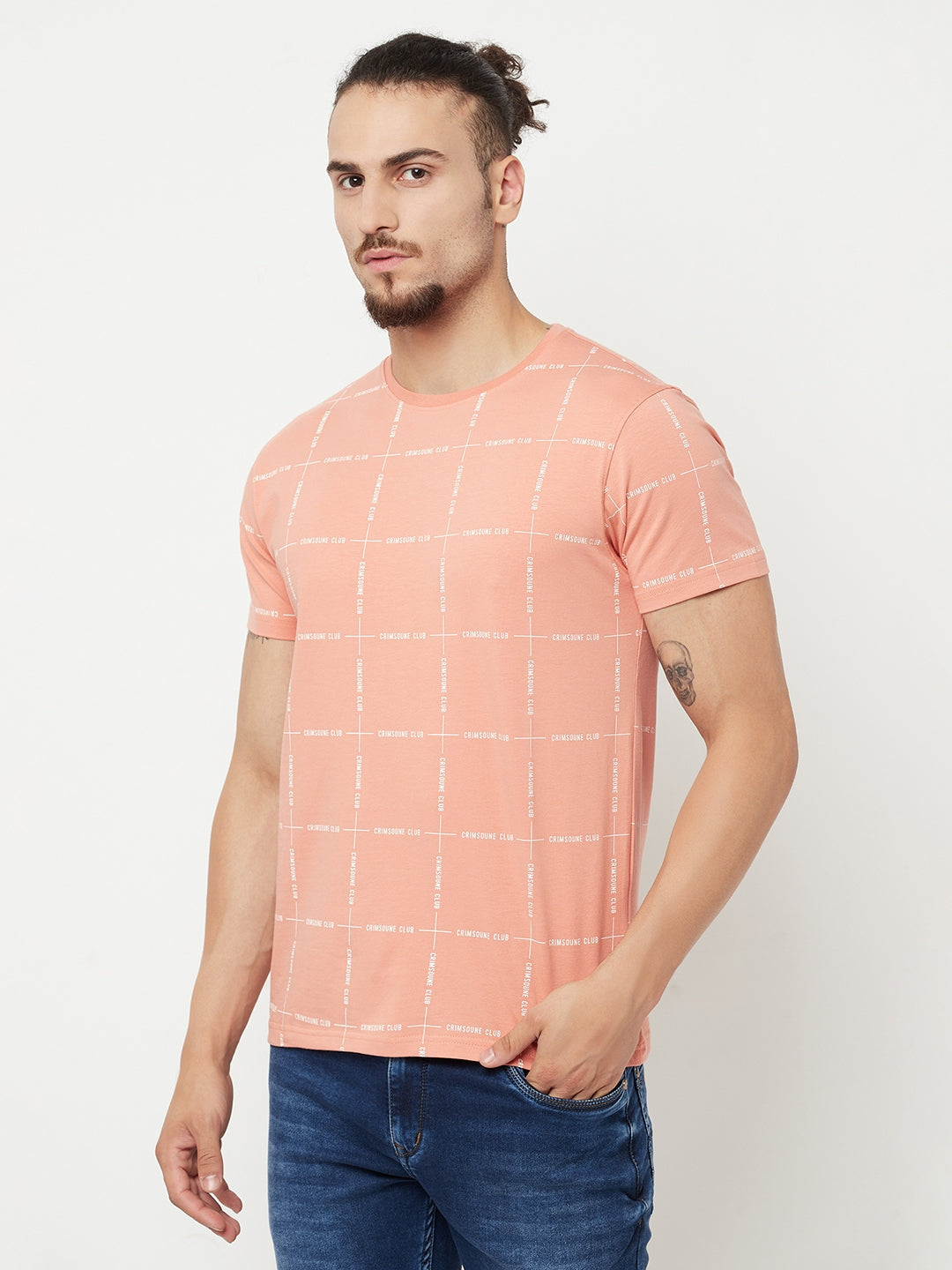 Peach Printed Round Neck T-Shirt - Men T-Shirts