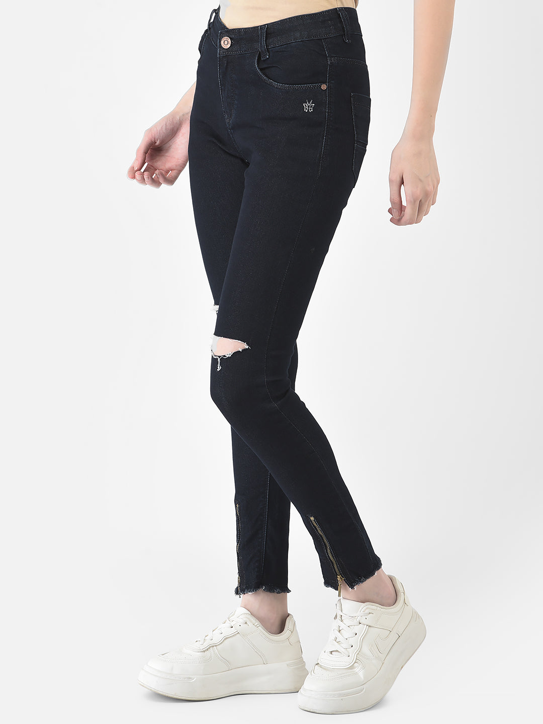 Navy Blue Slash Knee Jeans - Women Jeans