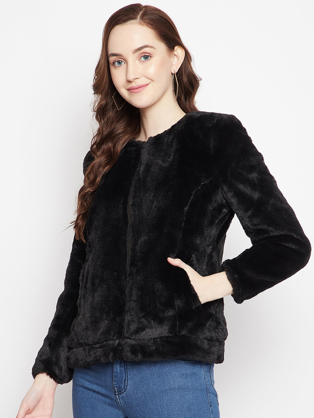 Black Round Neck Fur Blazer - Women Blazer