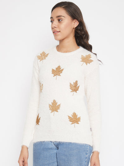 Cream Printed Round Neck Sweater - Women Sweaters