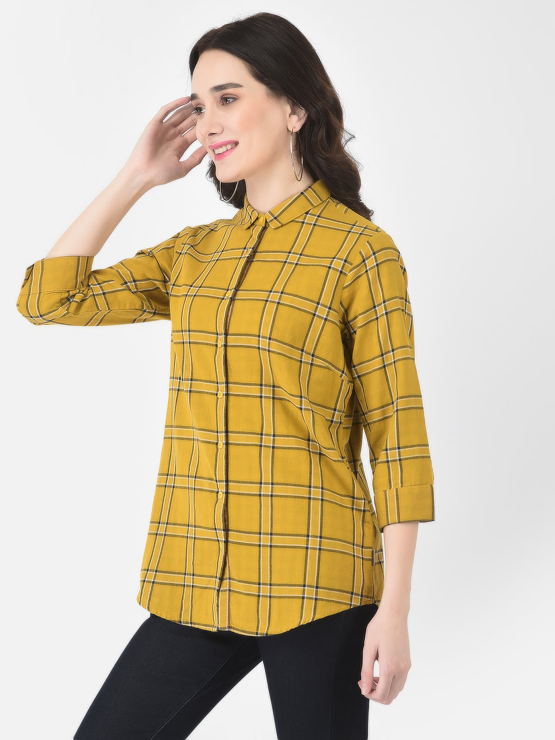 Mustard Yellow Windowpane Checked Shirt - Women Shirts