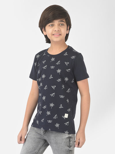 Navy Blue Printed Round Neck T-Shirt - Boys T-Shirts