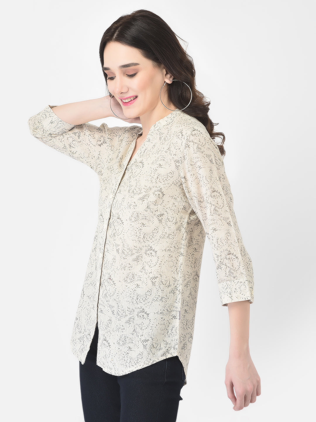 Beige Floral Printed Linen Shirt - Women Shirts