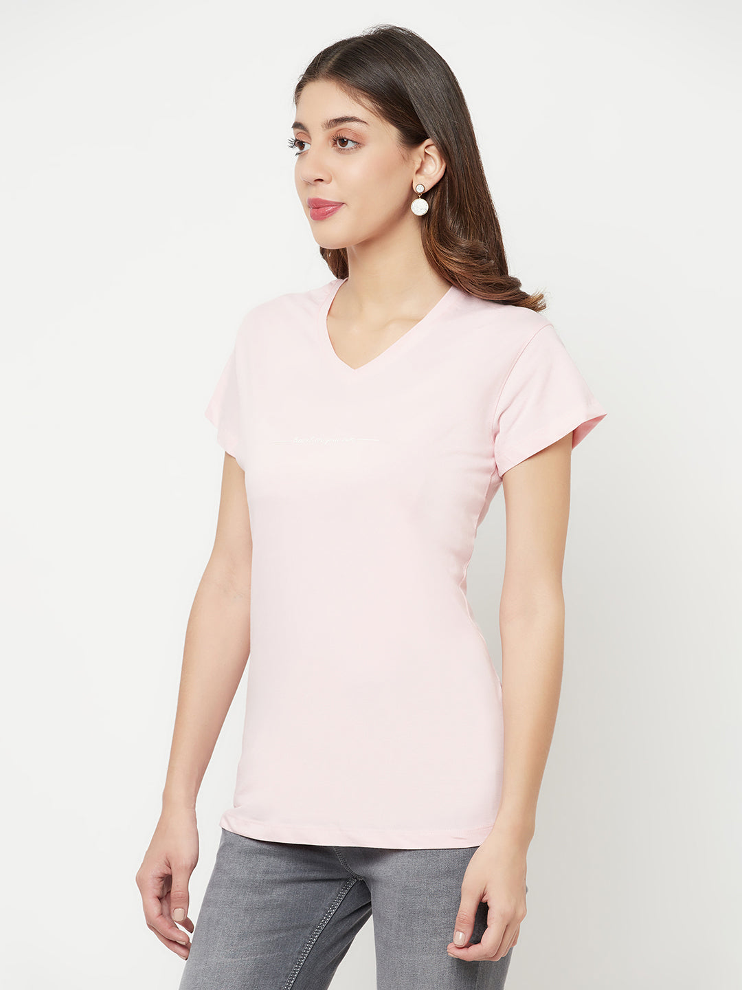 Light Pink Printed V-Neck T-Shirt - Women T-Shirts