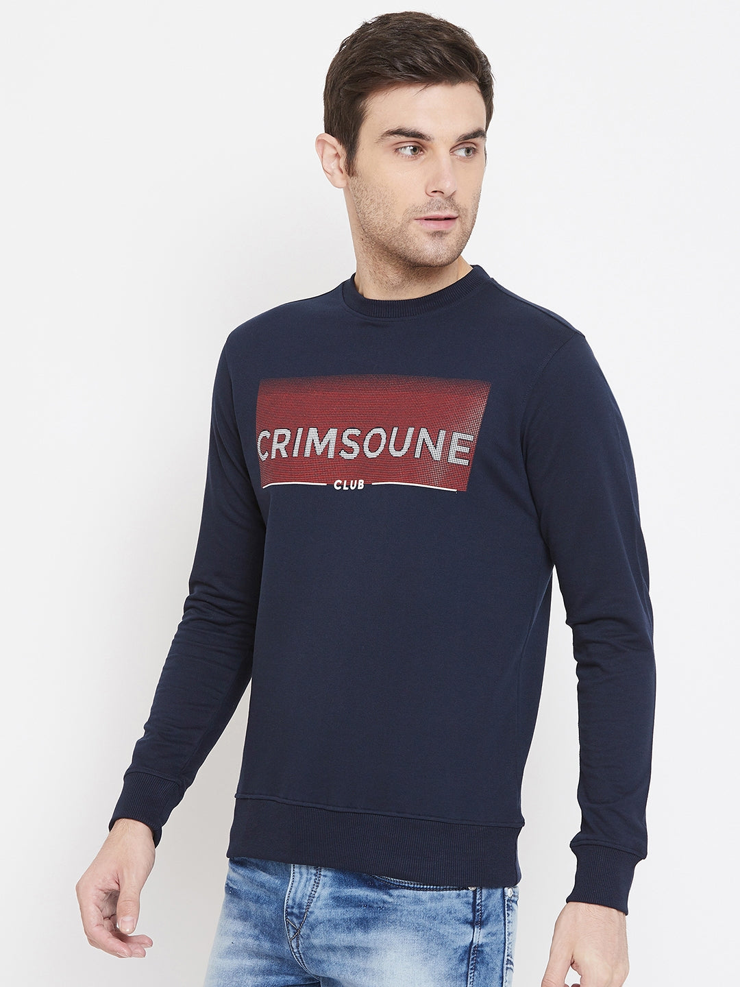 Navy Blue Printed Round Neck Sweatshirt - Men Sweatshirts