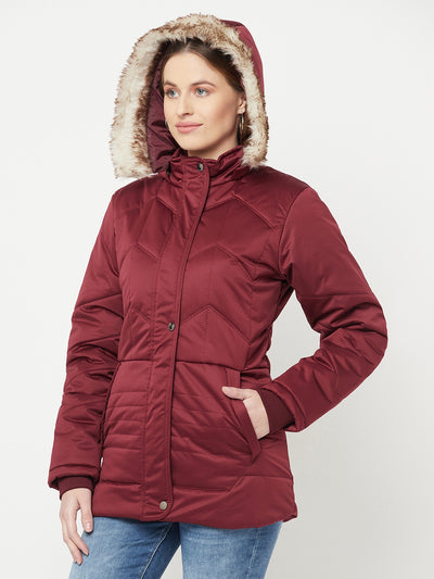 Maroon Detachable Hood Jacket - Women Jackets