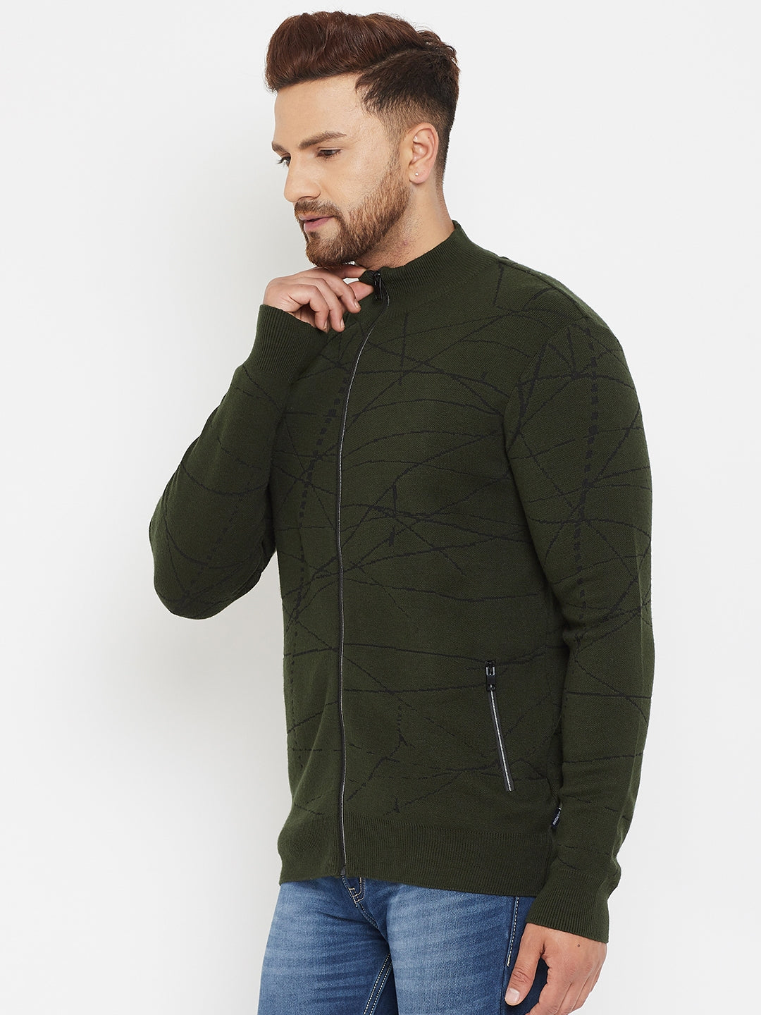 Olive Printed Zipper Sweater - Men Sweaters