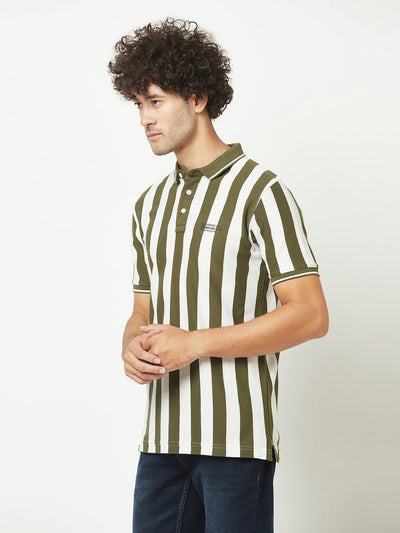  Olive Green Striped Polo T-Shirt