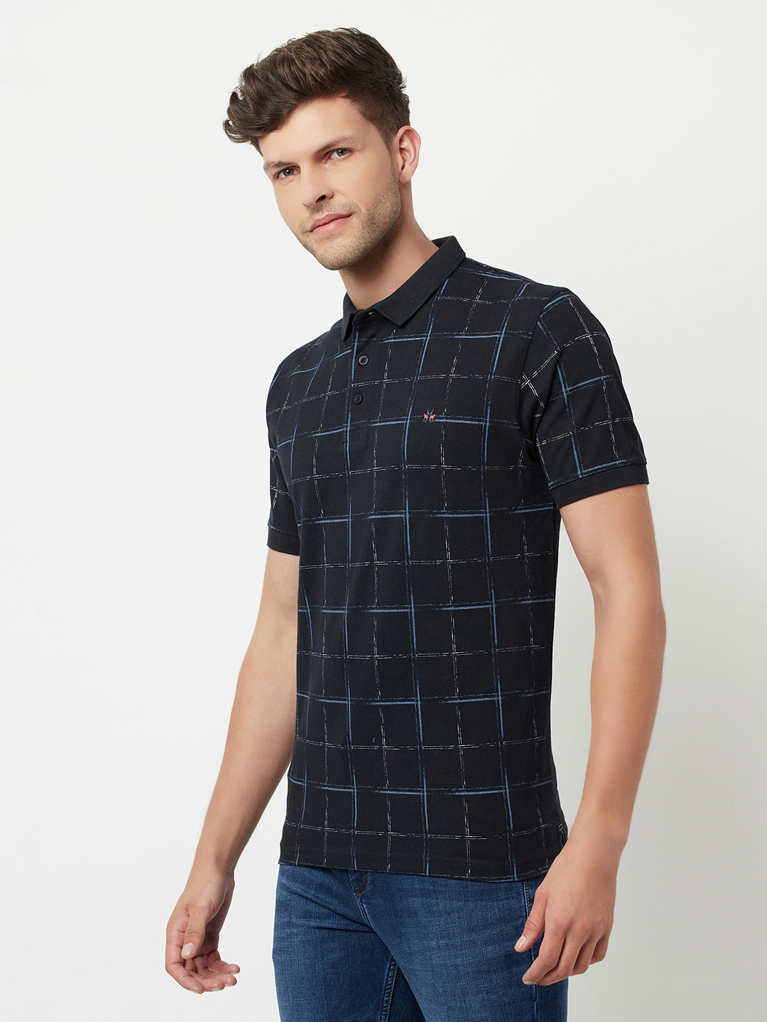 Navy Blue Checked Polo T-Shirt-Men T-Shirts-Crimsoune Club