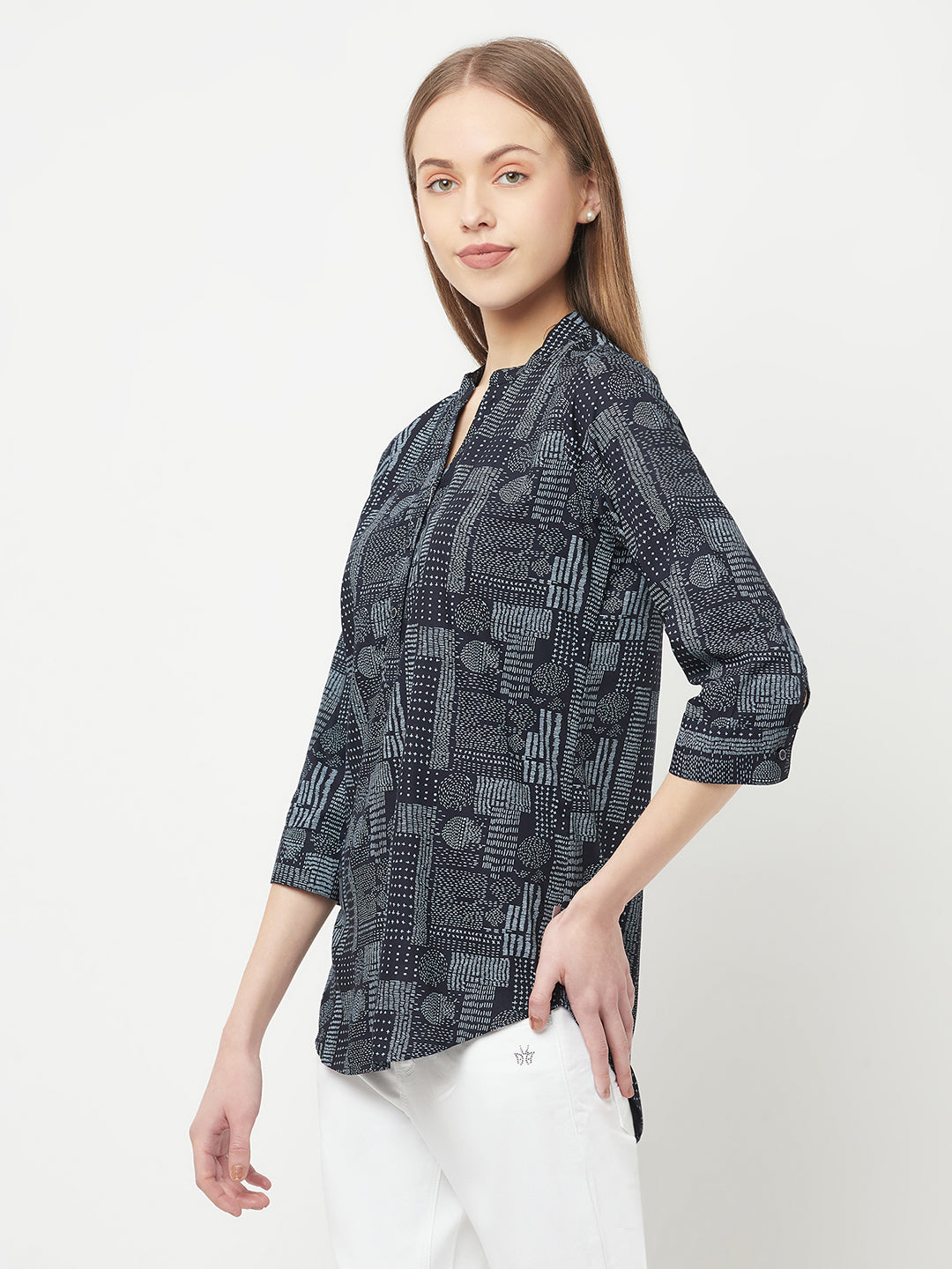 Navy Blue Printed Top - Women Tops