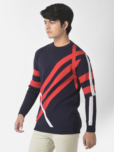  Navy Blue Graphic Striped Sweater
