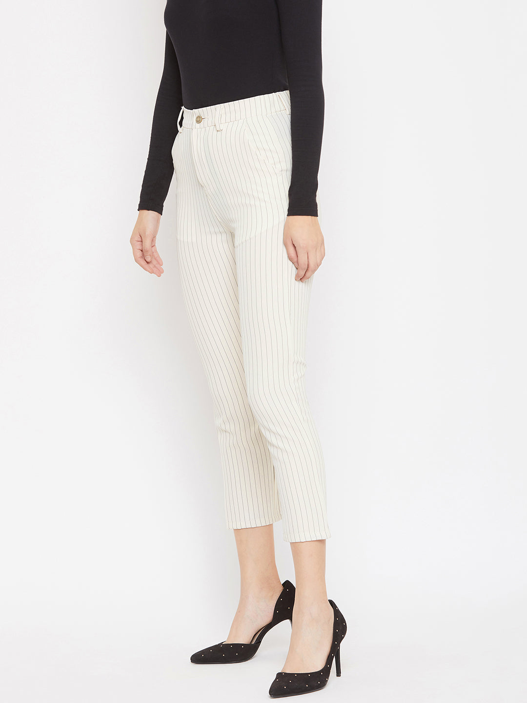 Cream Striped Trousers - Women Trousers