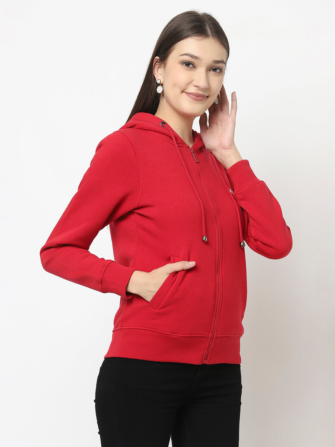 Red Open-Front Sweatshirt with Hooded Neck