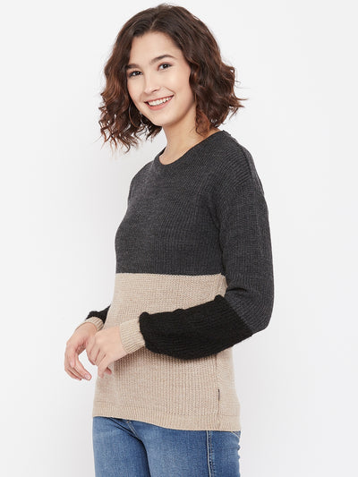 Grey Colorblocked Round Neck Sweater - Women Sweaters