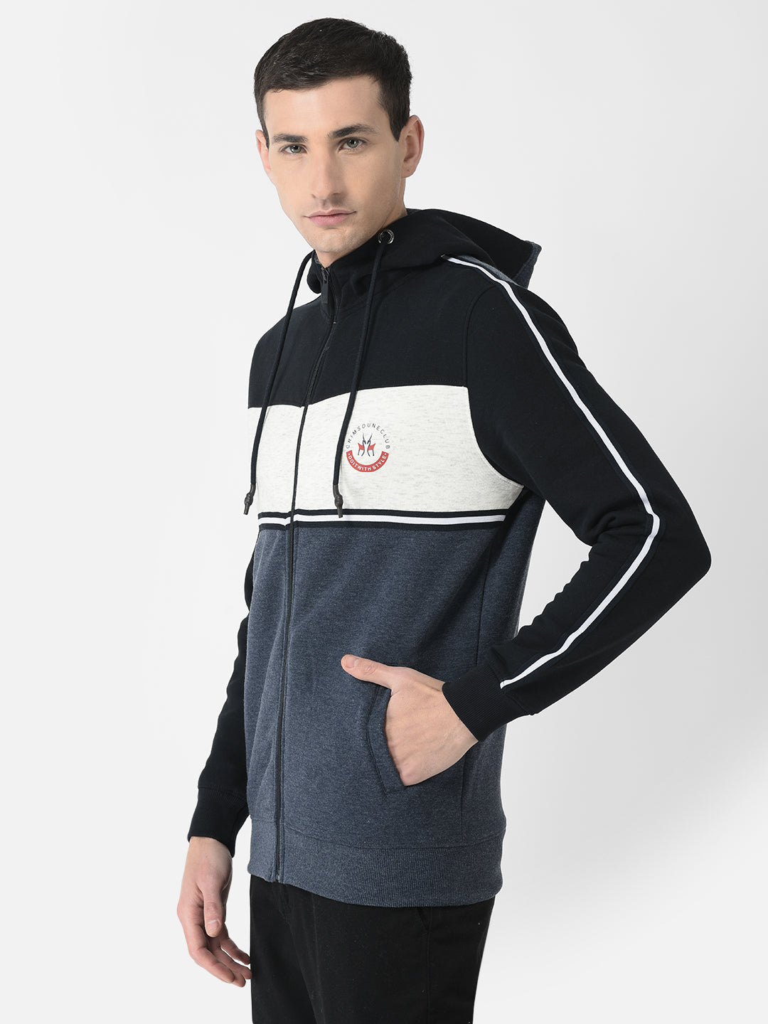  Navy Blue Colour-Blocked Zipper Sweatshirt 