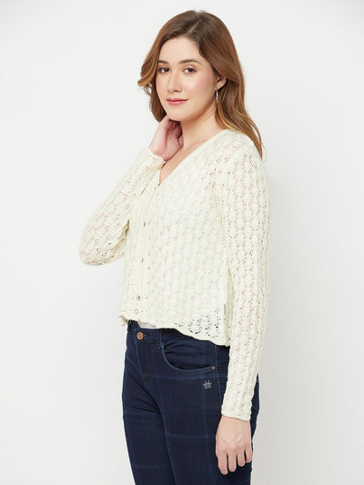 Cream V-Neck Cropped Sweater - Women Sweaters