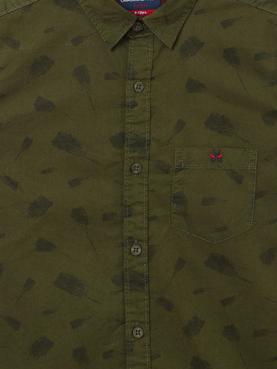 Olive Printed Spread Collar Slim Fit Shirt - Boys Shirts
