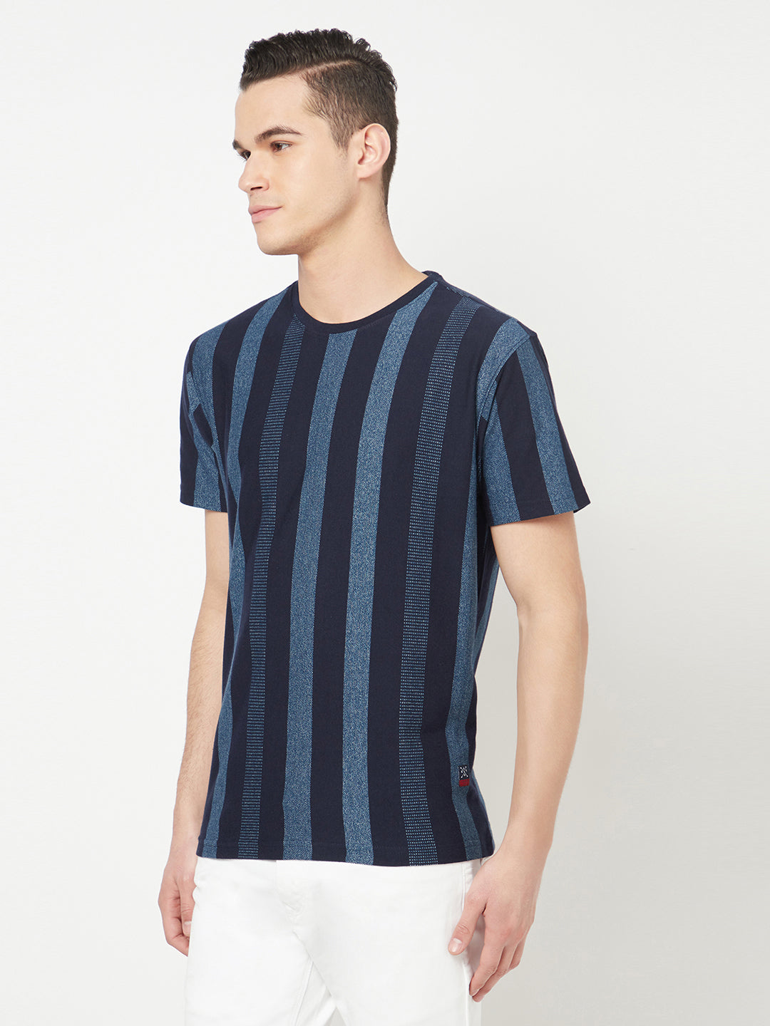 Navy Blue Striped Round Neck T-Shirt - Men T-Shirts