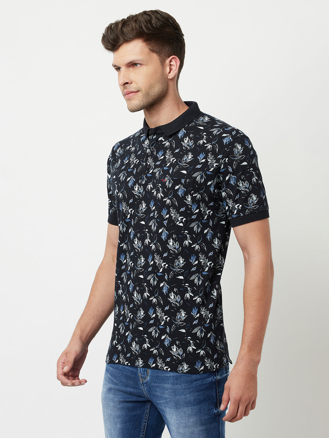 Navy Blue Floral Printed Polo T-Shirt-Men T-Shirts-Crimsoune Club