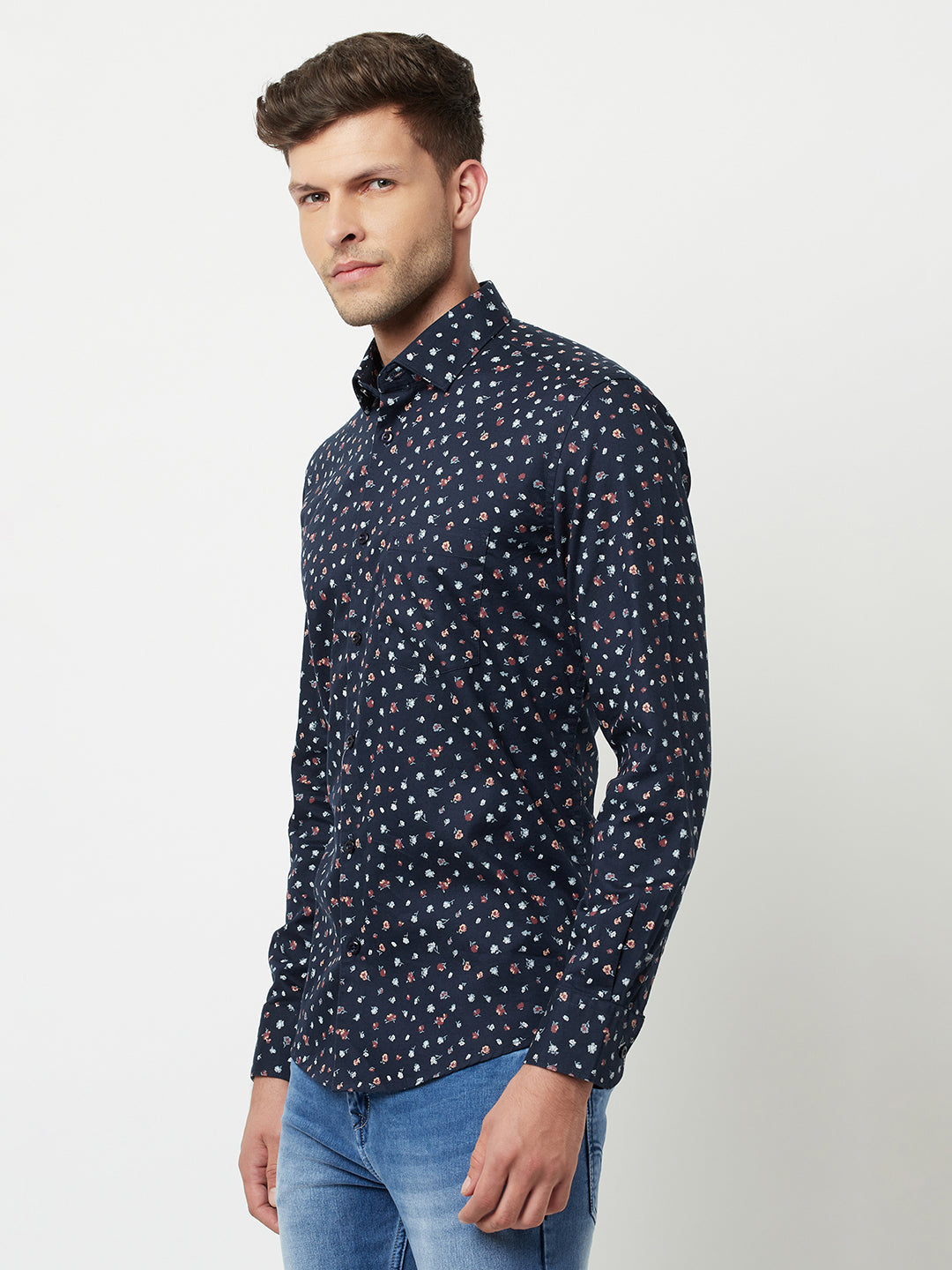 Navy Blue Floral Printed Shirt-Men Shirts-Crimsoune Club