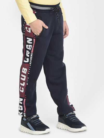 Navy Blue Track Pants with Typographic Detailing 