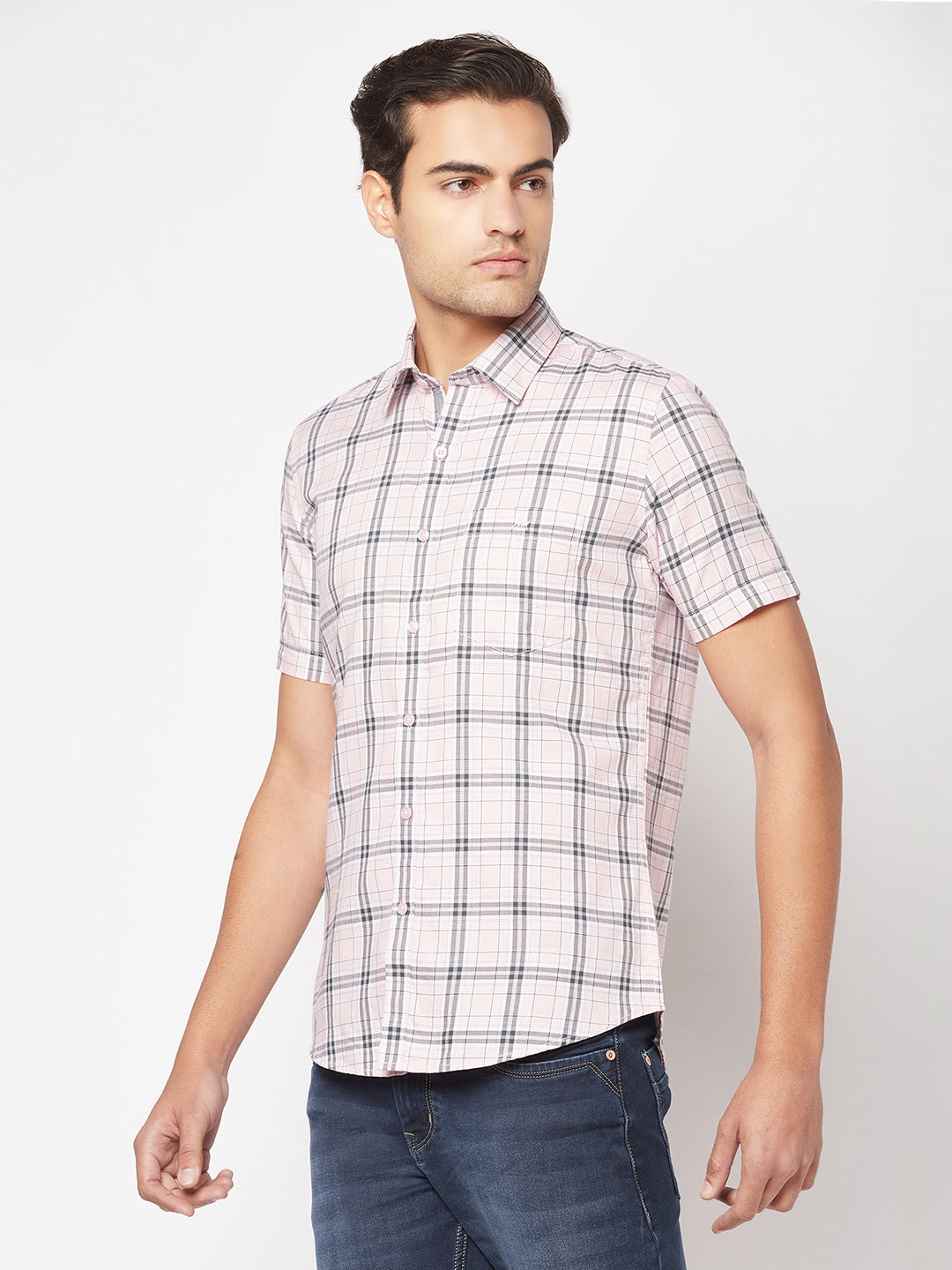  Short-Sleeved Light Pink Checked Shirt