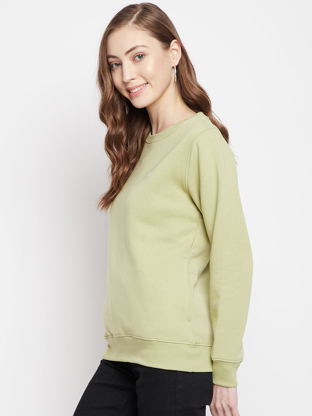 Crimsoune Club Women Olive Solid Round Neck Sweatshirt-Women Sweat Shirts-Crimsoune Club