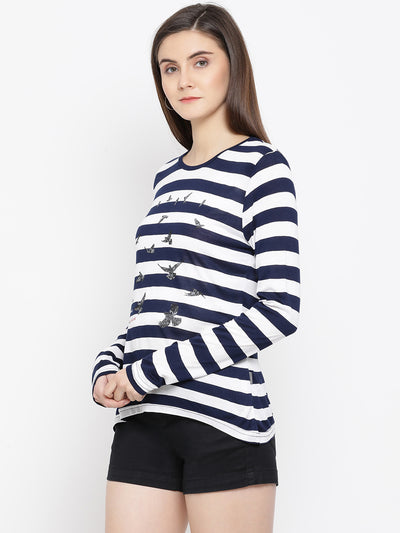 White Striped Round Neck T-Shirt - Women T-Shirts